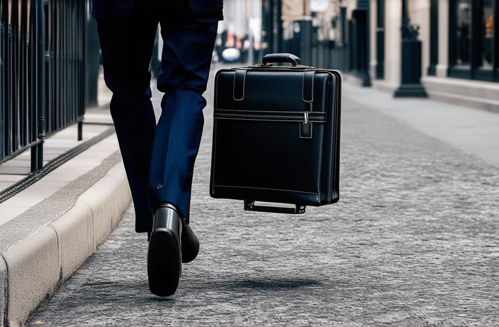  a businessman with a prosthetic leg and a briefcase walks along a city sidewalk ar 3:2 {prompt}, maximum details