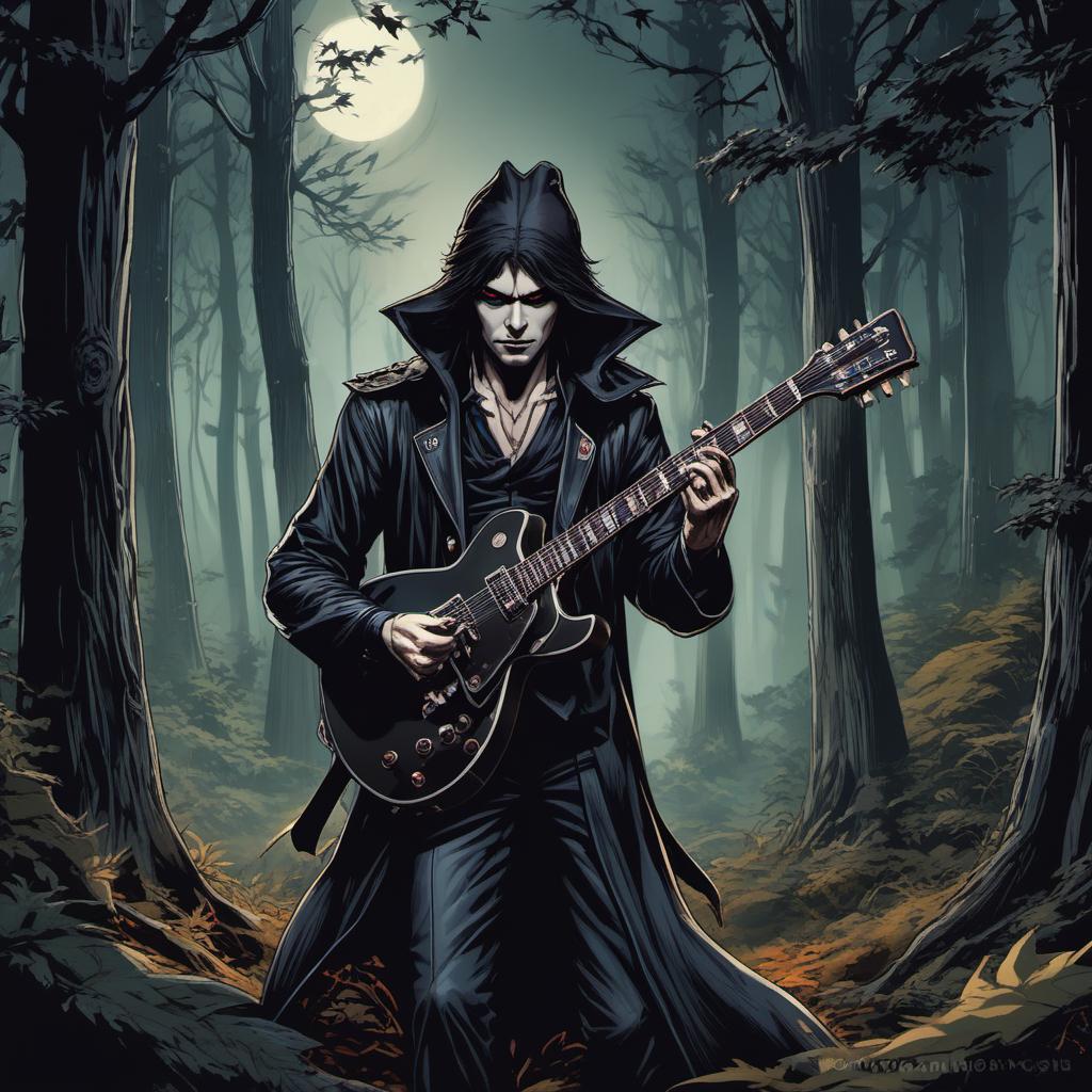  un vampire guitare hero dans une forêt hantée , comic style, manga and manhwa style, painting style