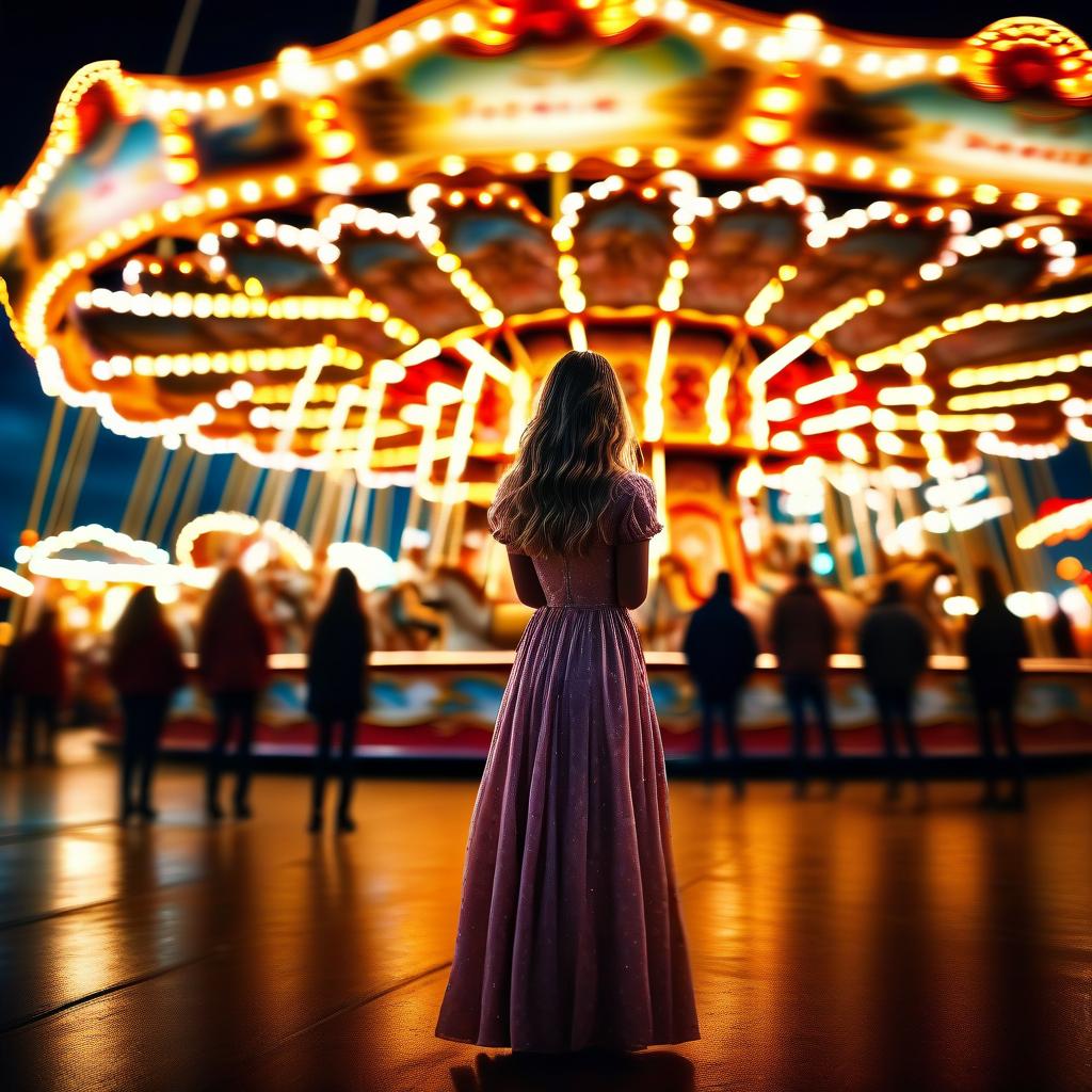  cinematic film still a full length girl stands with her back, does not look at the camera, and looks at a huge bright carousel at night . shallow depth of field, vignette, highly detailed, high budget, bokeh, cinemascope, moody, epic, gorgeous, film grain, grainy