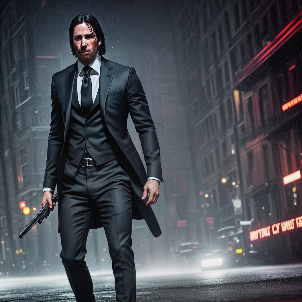  john wick hyperrealistic, full body, detailed clothing, highly detailed, cinematic lighting, stunningly beautiful, intricate, sharp focus, f/1. 8, 85mm, (centered image composition), (professionally color graded), ((bright soft diffused light)), volumetric fog, trending on instagram, trending on tumblr, HDR 4K, 8K