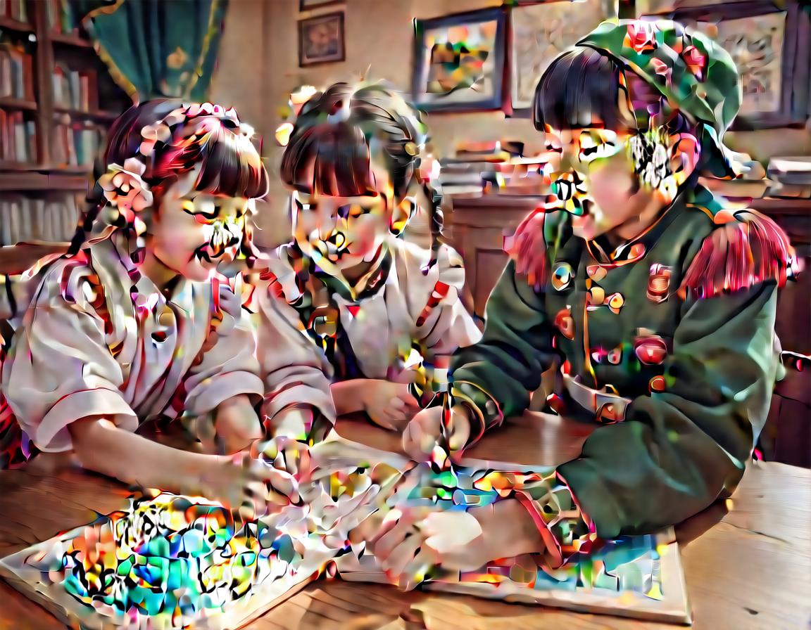  kawaii style cute kids in cossack uniforms studying the globe . cute, adorable, brightly colored, cheerful, anime influence, highly detailed