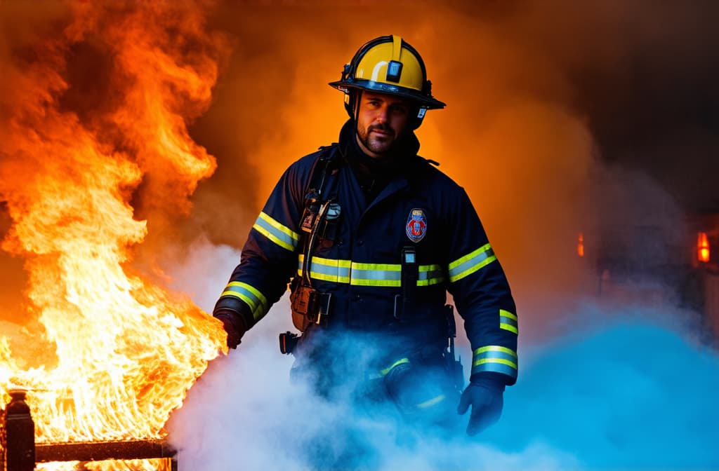  professional detailed photography, a fireman in uniform and helmet puts out a fire in a hotel ar 3:2, (muted colors, dim colors, soothing tones), (vsco:0.3)