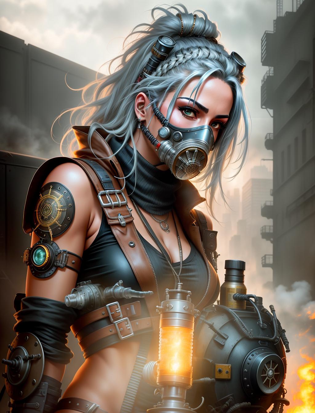  Create a captivating fusion of steam-powered aesthetics and punk culture by capturing a detailed image of an individual donning a gas mask. Infuse the artwork with element hot , of cyberpunk inspired by the renowned artist Luis Royo. Incorporate a futuristic depiction of a Himba age , blending her traditional attire with techwear fashion. Capture a striking photograph of a woman adorned in advanced technological garments from the year 2020. Include a young dressed in steampunk attire, evoking a sense of nostalgia for the industrial Victorian era. Craft an image reminiscent of the intense and dystopian style showcased in Mad Max: Fury Road. Feature a cyborg with rous silver hair adorned with a headdress craft hyperrealistic, full body, detailed clothing, highly detailed, cinematic lighting, stunningly beautiful, intricate, sharp focus, f/1. 8, 85mm, (centered image composition), (professionally color graded), ((bright soft diffused light)), volumetric fog, trending on instagram, trending on tumblr, HDR 4K, 8K