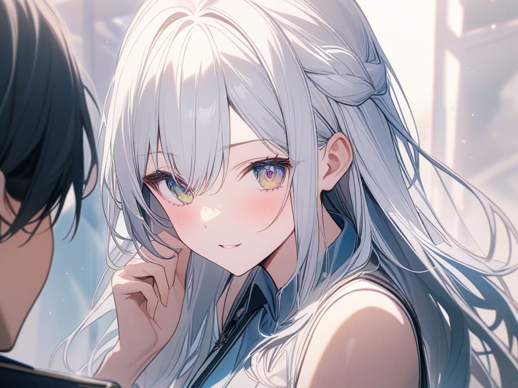  white hair, right eye green, rolled hair, uniform, green, two people, couples, students, masterpiece, best quality,8k,ultra detailed,high resolution,an extremely delicate and beautiful,hyper detail