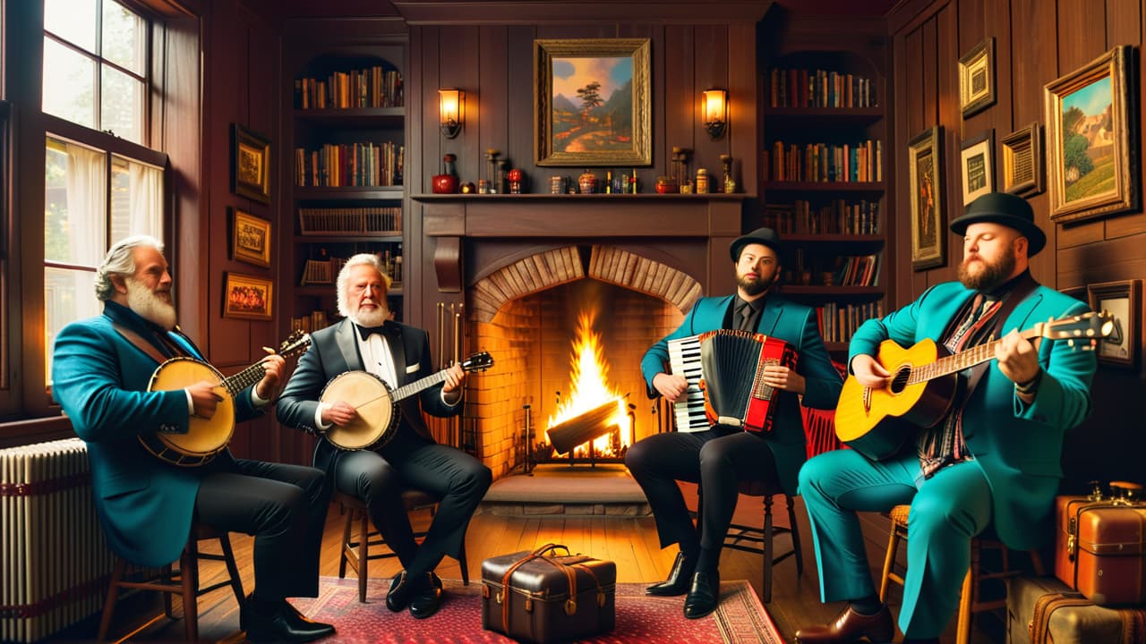  a cozy, rustic setting featuring diverse musicians playing traditional instruments: a fiddle, banjo, and accordion, surrounded by vibrant folk art, a warm fire, and a tapestry of cultural symbols, evoking community and storytelling. hyperrealistic, full body, detailed clothing, highly detailed, cinematic lighting, stunningly beautiful, intricate, sharp focus, f/1. 8, 85mm, (centered image composition), (professionally color graded), ((bright soft diffused light)), volumetric fog, trending on instagram, trending on tumblr, HDR 4K, 8K