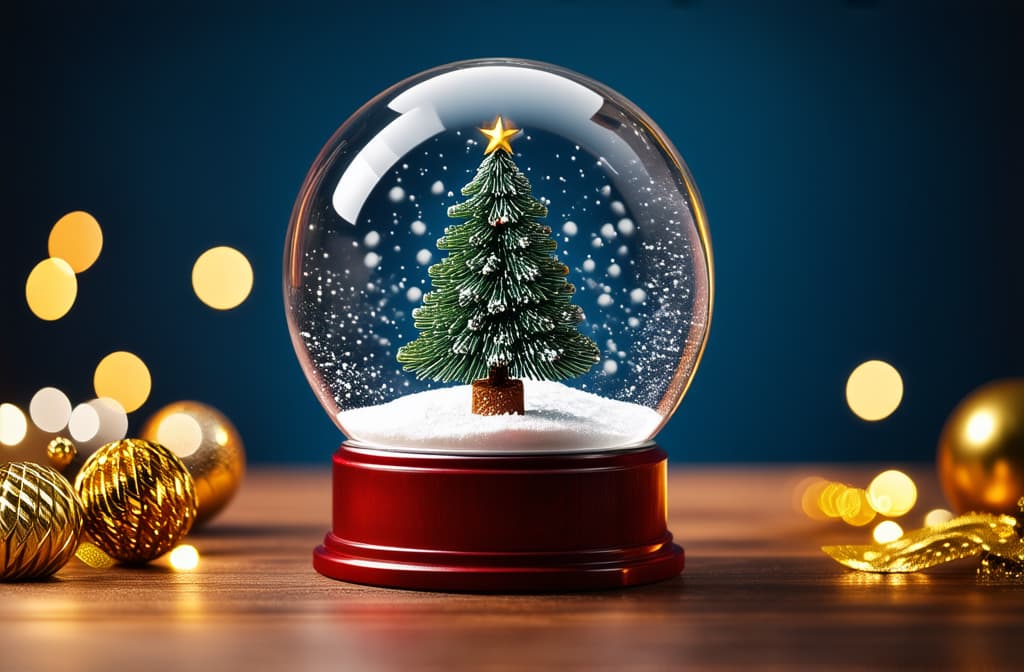  professional detailed photography, christmas snow globe with fir tree and golden decorations on wooden table. holiday background with bokeh lights. holiday decor. flat lay composition with copy space for design and print. ar 3:2, (muted colors, dim colors, soothing tones), (vsco:0.3)