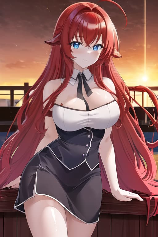  ,masterpiece, best quality, 1women, long red hair, looking at viewer, :3, cute, black uniform, outdoors, streets, cow shot, curvy, (((blue eyes))), rias gremory, red hair, antenna hair, wavy hair, ((beautiful detailed eyes, beautiful detailed glow, lots of glow)), anime screencap,sunset, sunset behind her, sunset background, masterpiece, best quality, high quality, solo