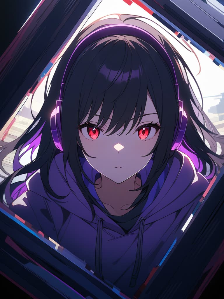  ((headphones,long hair,purple headphones,black hair,cool,handsome girl,beautiful girl,purple hoodie,red eyes,glitch,bug,mosaic art,dark hair,inside the screen,bisho))、ultra detailed,best shadow,cute and beautiful face,(masterpiece:1.2),(best quality:1.2),detailed background,high contrast,(best illumination,an extremely delicate and beautiful),((cinematic light)),hyper detail,dramatic light,intricate details,8k,anime,very aesthetic