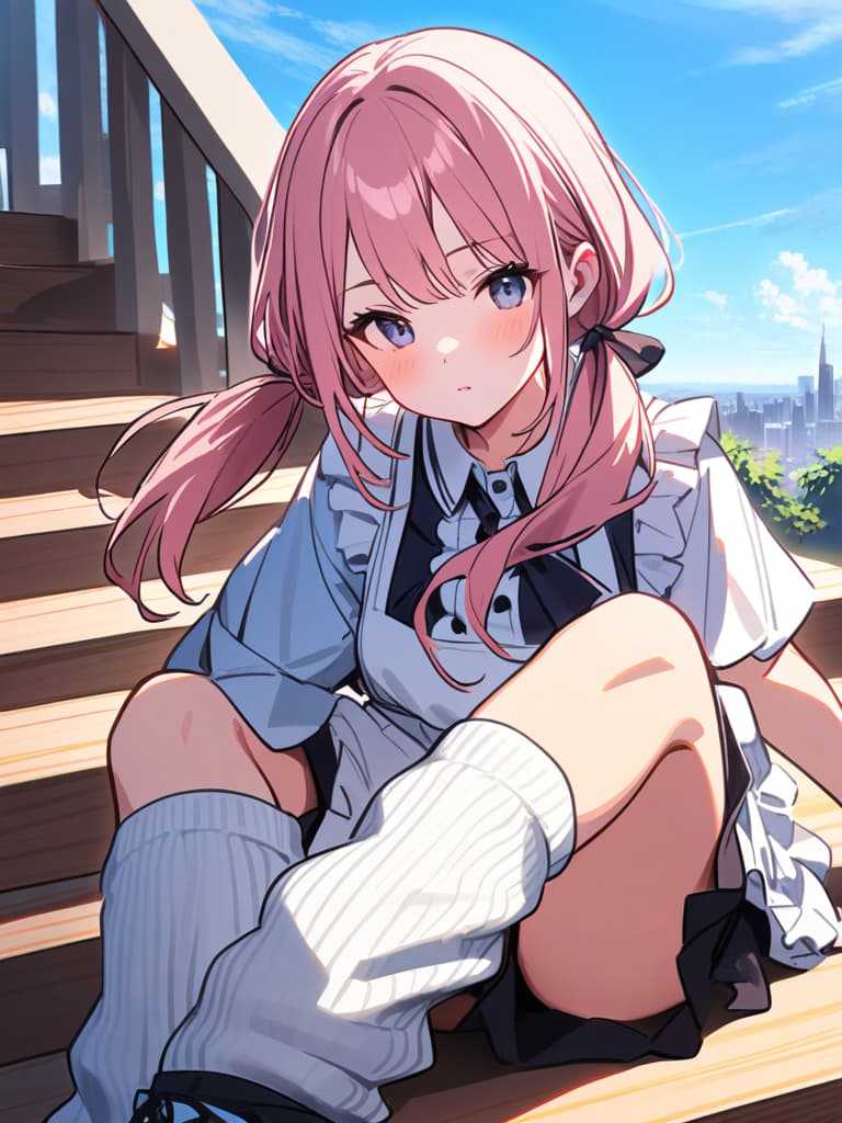  (beautiful girl:1.5)(low twintails & drilled hair:1.7)(pink hair color & eye color)(light blue frilly apron dress:1.7)(loose white leg warmers:2.0 )(loose socks:2.0)(top up:1.5)(stair sitting:1.7)(background park stairs) high quality,masterpiece,16k,super analysis.