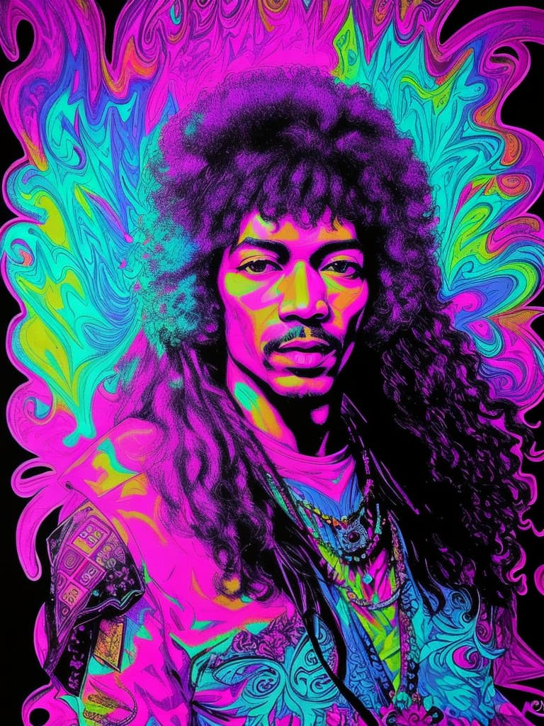  Psychedelic Portrait, Black light, Jimi Hendrix, afro, medium/full body