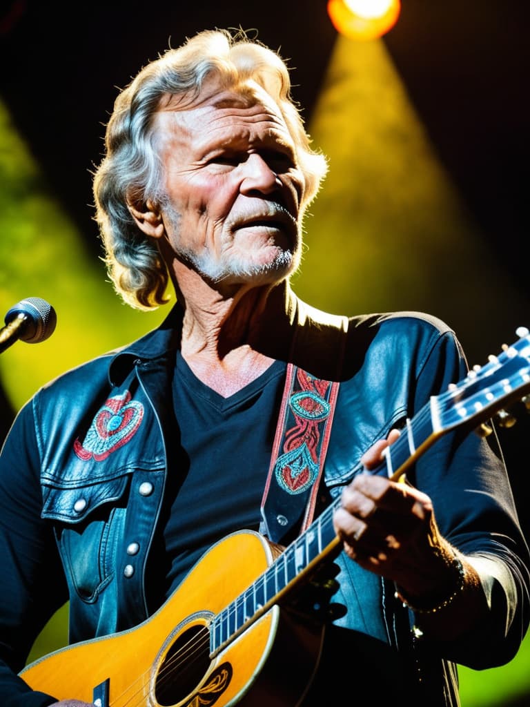  A portrait of Country singer, Kris Kristofferson, on stage, medium shot, upper body, spotlight, long exposure lighting, street art style spray paint, glamour lighting