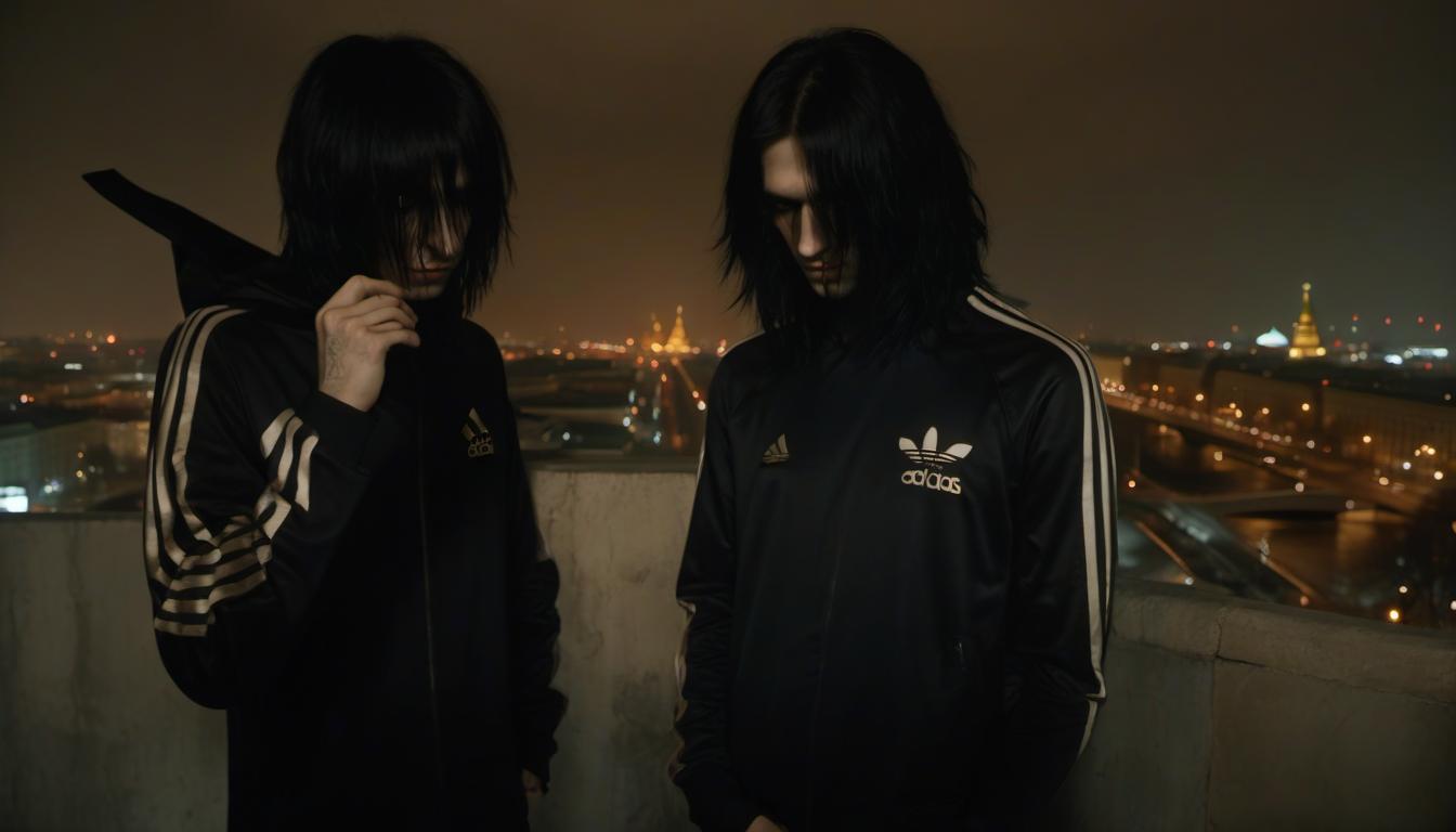  breathtaking roof, two emo guys with long black hair in clothes adidas, night moscow . award winning, professional, highly detailed