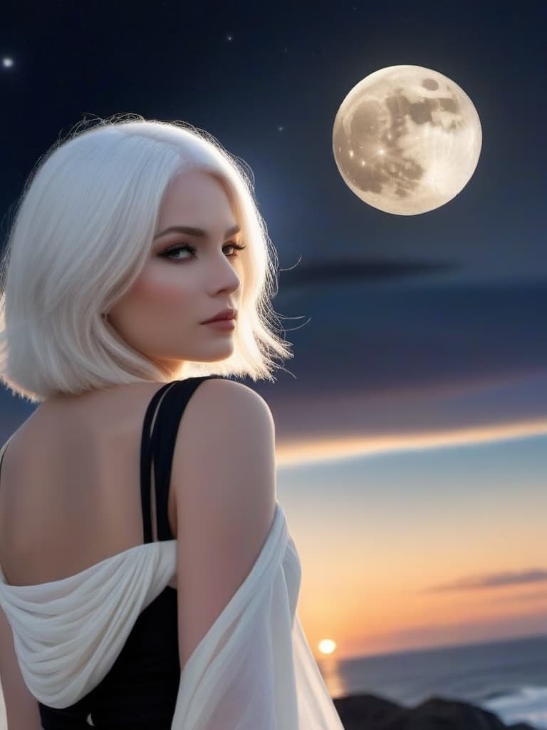  a girl is standing on the edge of cliff facing the ocean. we see the woman from behind and from a far. she has short white hair, pale skin and wear a white tunique. it’s the dusk. her shoulder length hair is softly raised from her shoulder by the wind. the moon from a far awake the white beauty of the women. the vibes are misterious and fantastic. the surroundings are dark.