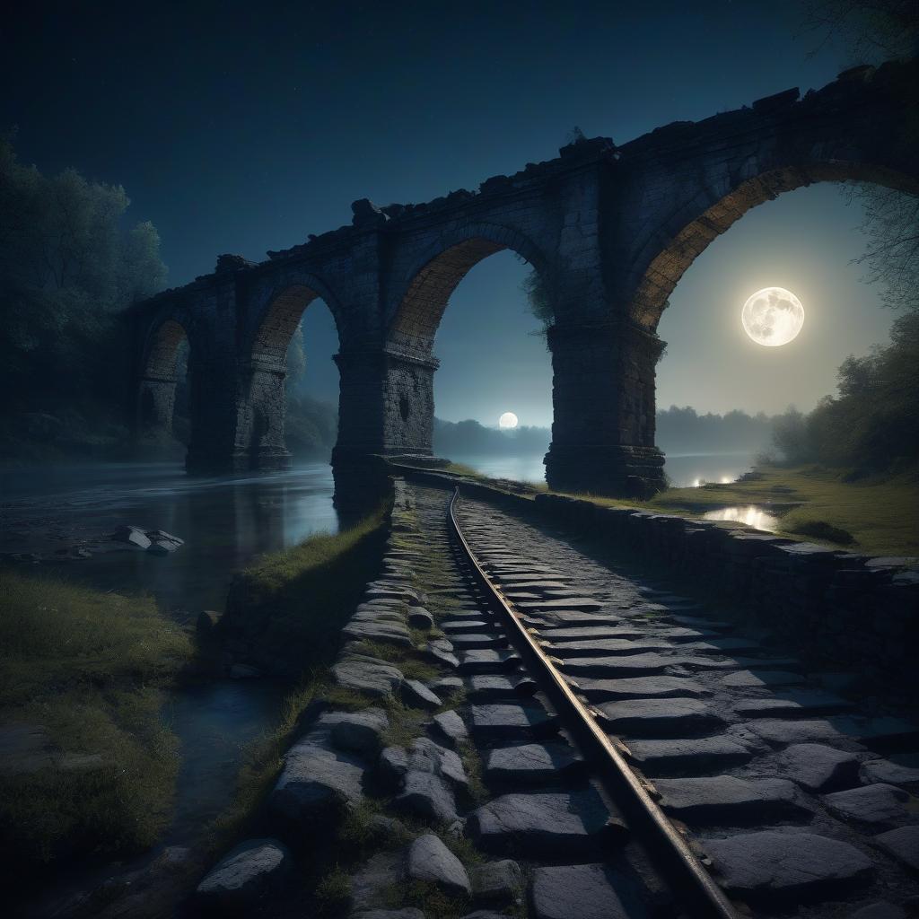  night. the ruins of an ancient stone bridge illuminated by mystical moonlight.railroad switches.