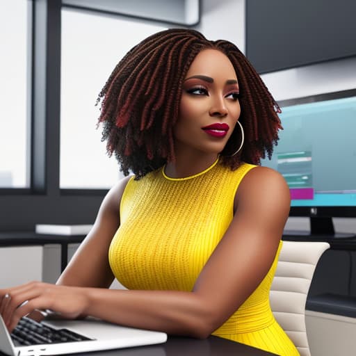  (African American woman, graphic designer, hair in locs in an updo style, woman sitting at a computer desk in a luxury office, woman is wearing a beautiful while and yellow dress), photorealistic, highly detailed, 4k, high quality hyperrealistic, full body, detailed clothing, highly detailed, cinematic lighting, stunningly beautiful, intricate, sharp focus, f/1. 8, 85mm, (centered image composition), (professionally color graded), ((bright soft diffused light)), volumetric fog, trending on instagram, trending on tumblr, HDR 4K, 8K