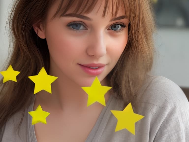  a beautiful young woman leaves a review on a website in the form of five yellow stars