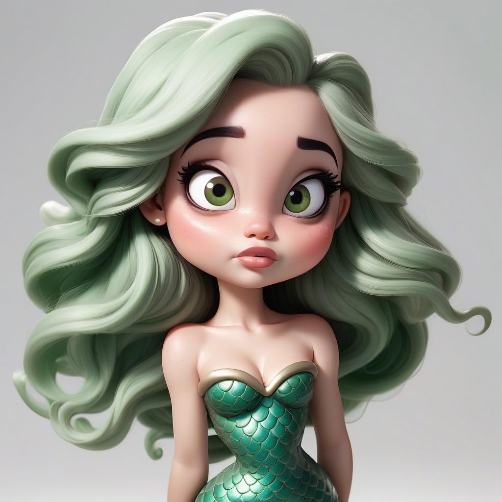  a full length little mermaid. nice face, plump cheeks, plump lips, big eyes, green hair. lira in hand. white background.