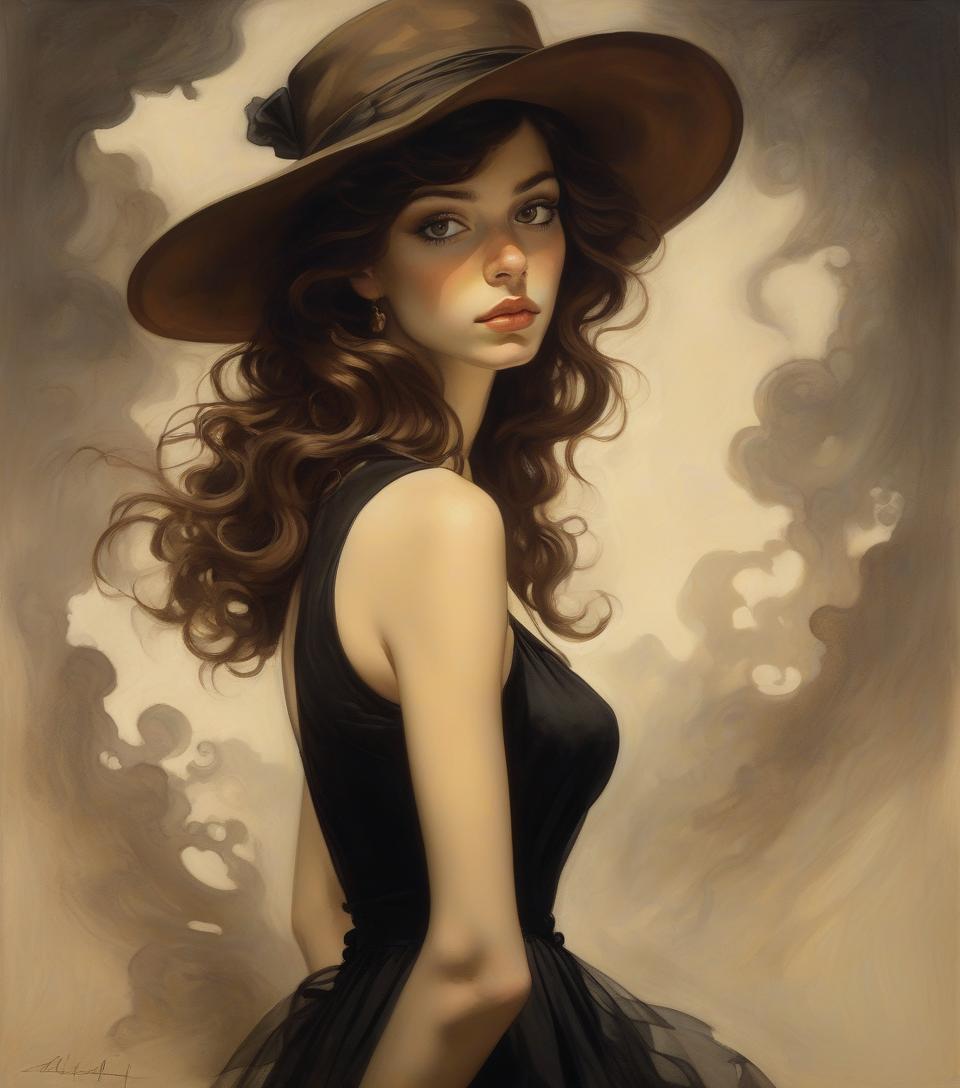  oil on canvas, young woman, wearing black dress, brown hair and brown eyes,hat, frank frazetta, arthur rackham, alberto seveso, sandro botticelli style.