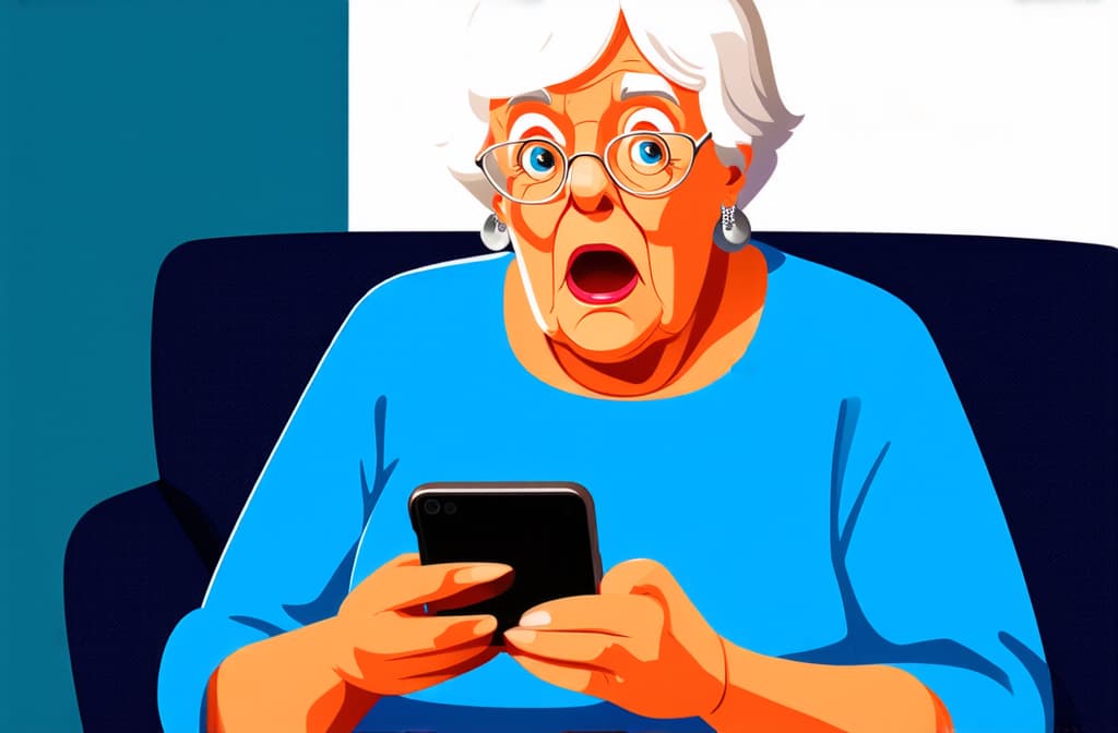  shocked surprised senior woman using smartphone isolated on white background, funny cartoon illustration ar 3:2 {prompt}, maximum details