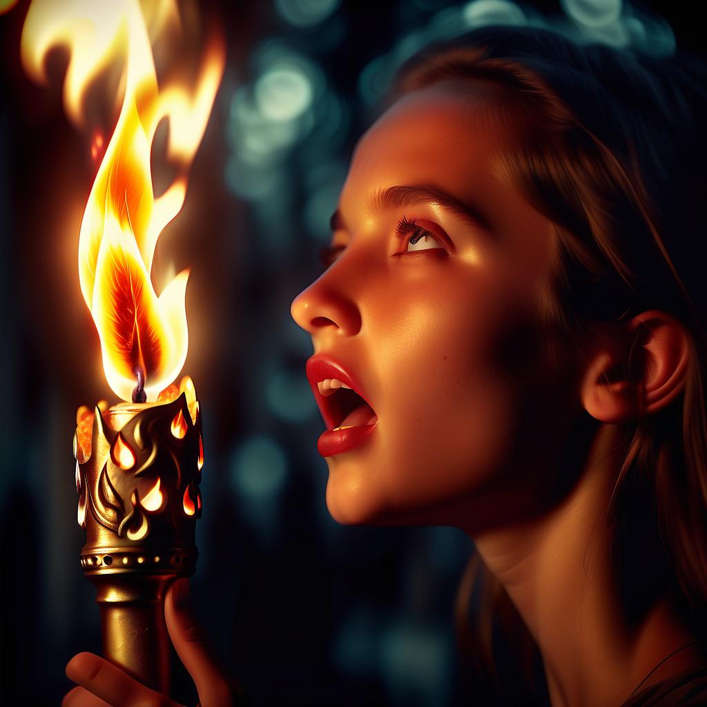  cinematic film still pillar of flame from the mouth. girl. in hand. torch. side view . shallow depth of field, vignette, highly detailed, high budget, bokeh, cinemascope, moody, epic, gorgeous, film grain, grainy