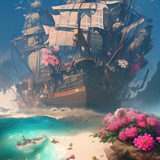  flower vs. sebastian, sea battle, search for pirate treasure., shot 35 mm, realism, octane render, 8k, trending on artstation, 35 mm camera, unreal engine, hyper detailed, photo realistic maximum detail, volumetric light, realistic matte painting, hyper photorealistic, trending on artstation, ultra detailed, realistic