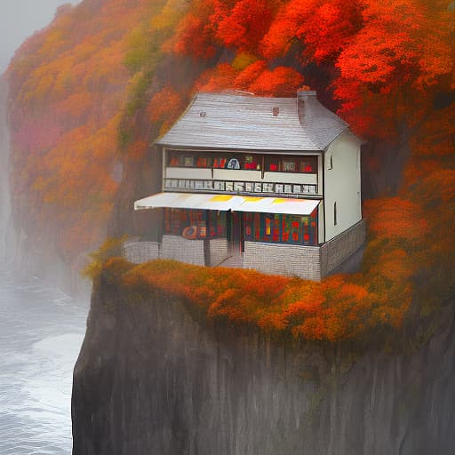  the cliff, on the cliff stands a shop, autumn, it rains, gloomy colors.