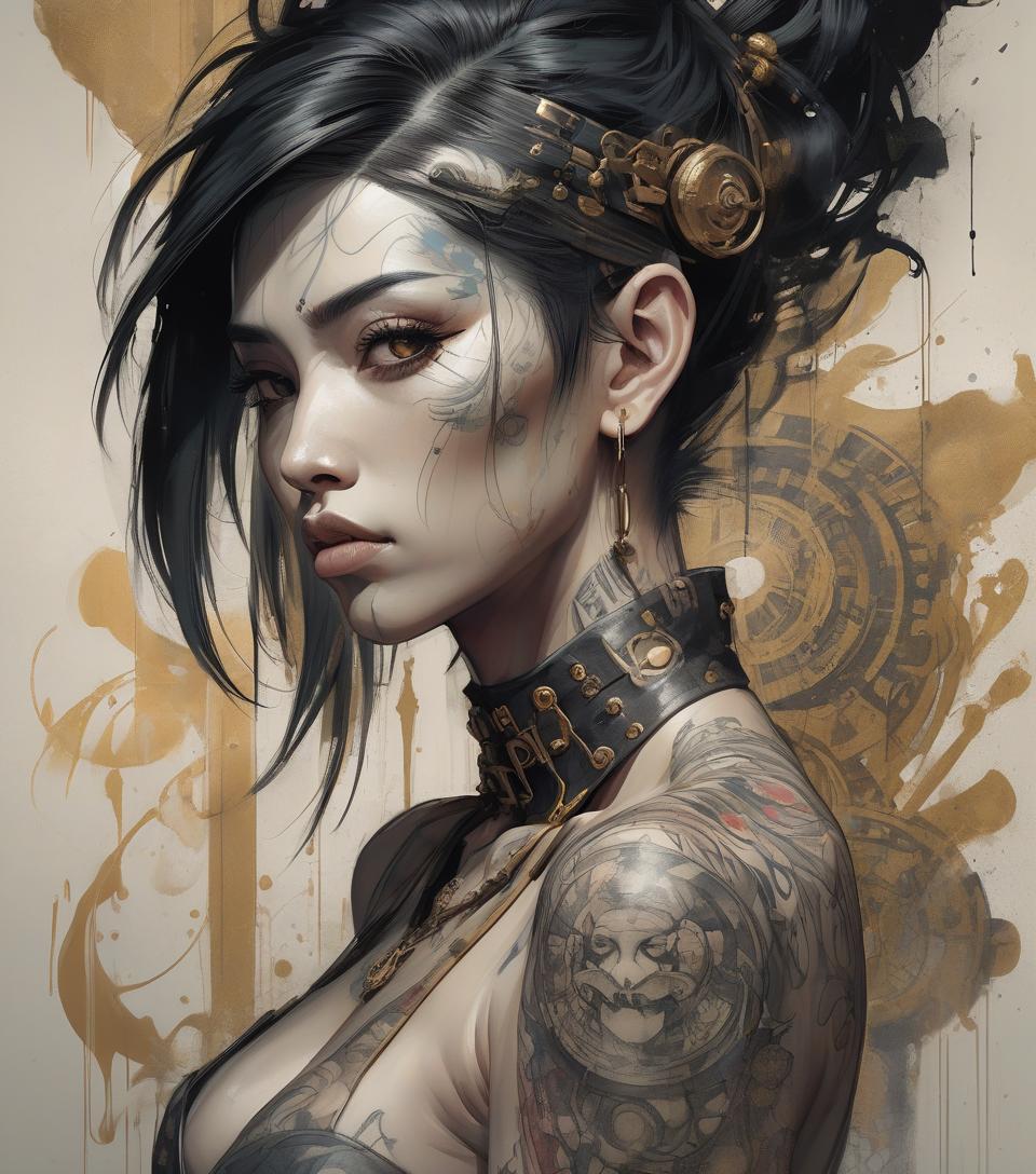  concept art aesthetic, painterly style, modern ink, asian , sensual, dark , yakuza tattoo, expressive pose, urbanpunk, multi layered abstract texture background, neo expressionist, russ mills, ian miller, harrison fisher, brian froud, jeremy mann, steadman, hanuka, klimt, bell, hobbie, newton, greg rutkowski, atmospheric, hyperdetail, artstation trend, artgerm, deviant art, octane, masterpiece, complex art, intricate details, matte film poster painting, golden ratio, trending on cgsociety, incredibly detailed and stunningly beautiful . digital artwork, ilrative, painterly, matte painting, highly detailed