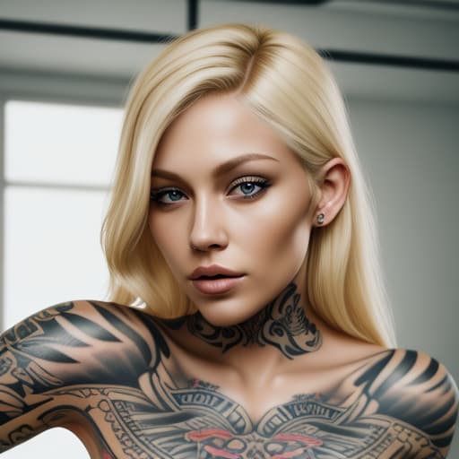  Blonde Woman with tattoos with no shirt realistic 8k