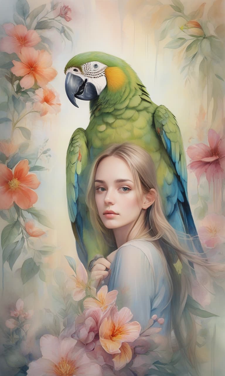  watercolor painting dmitra milan painting, triple exposure, image overlay, first layer, girl's dream, transparent second layer, parrot sitting on shoulders on background, flowers, fantasy, surrealism, full length, remote camera from below, focus on colors, gouache, gouache strokes, rough, pastel and muted tones, 64k, lens 50 mm, 1/250 s, f/2.0, iso 100, hdr, digital graphics, advanced digital processing. . vibrant, beautiful, painterly, detailed, textural, artistic