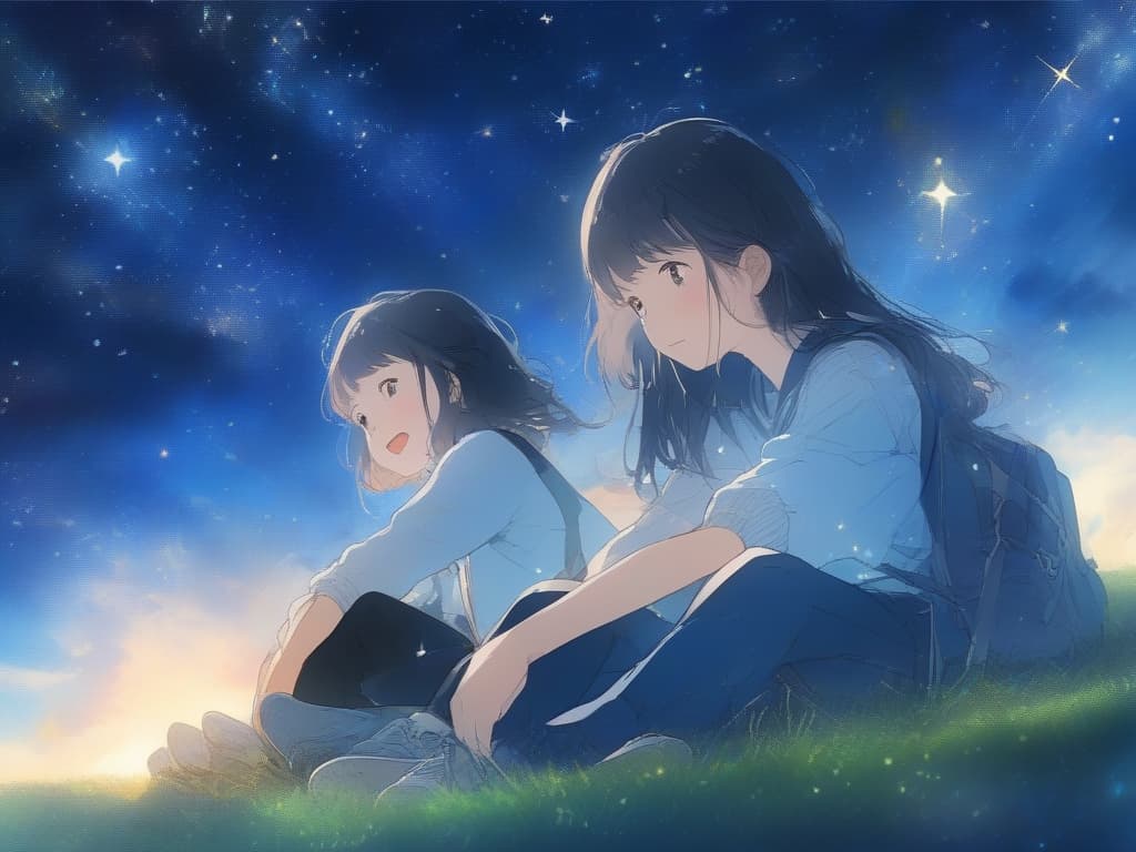  lawn, starry sky, high school student, girls, only two, sitting, youth