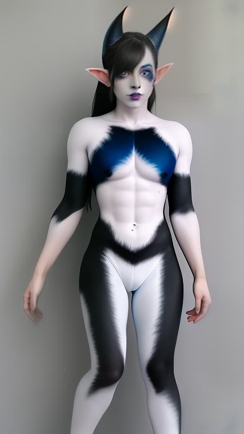  Black and blue bat-shaped body paint in every corner of the whole body, grey body paint all over the body, grey face paint on the face, elf,full body image female