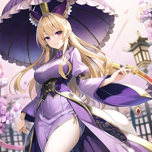  master piece , best quality,violet yakumo, blond hair, sharp eyes, purple clothes, parasol, long skirt.