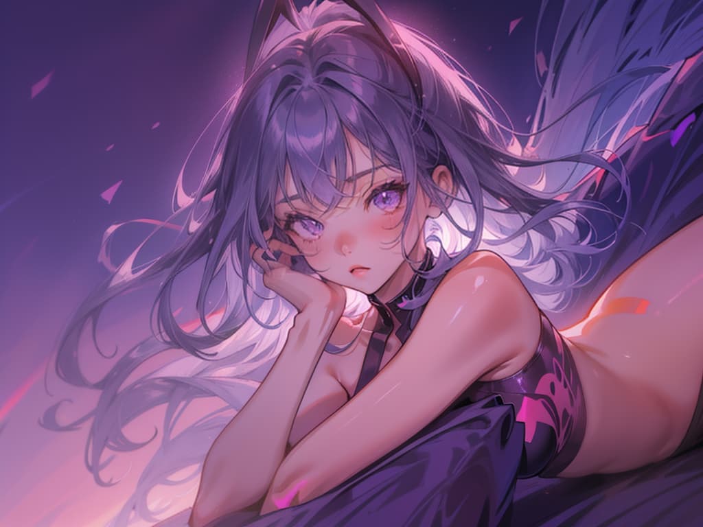  silhouette, solo, cloudy sky, beautiful sunset, stunning background, (upper body:1.2), highly detailed, masterpiece, best quality, solo, long purple hair, neon purple eyes, thigh highs, heels, bunny female, red neon light background, full body, close up, laying on bed