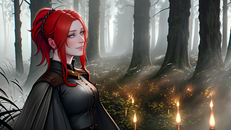  Scandinavian girl, red hair, gray strands, dusk, forest, Photorealistic, Hyperrealistic, Hyperdetailed, analog style, demure, detailed skin, pores, smirk, smiling eyes, matte skin, soft lighting, subsurface scattering, realistic, heavy shadow, masterpiece, best quality, ultra realistic, 8k, golden ratio, Intricate, High Detail, film photography, soft focus hyperrealistic, full body, detailed clothing, highly detailed, cinematic lighting, stunningly beautiful, intricate, sharp focus, f/1. 8, 85mm, (centered image composition), (professionally color graded), ((bright soft diffused light)), volumetric fog, trending on instagram, trending on tumblr, HDR 4K, 8K