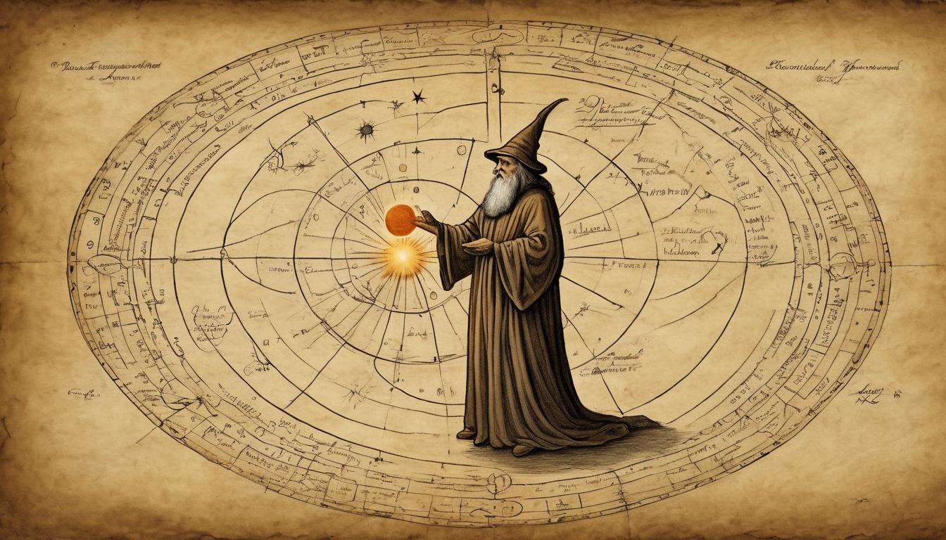  on parchment, surrealism++, wizard like figure holding a glowing orb, around celestial charts, understanding transition, crucial, mystical atmosphere(mysterious, provocative, symbolic)++