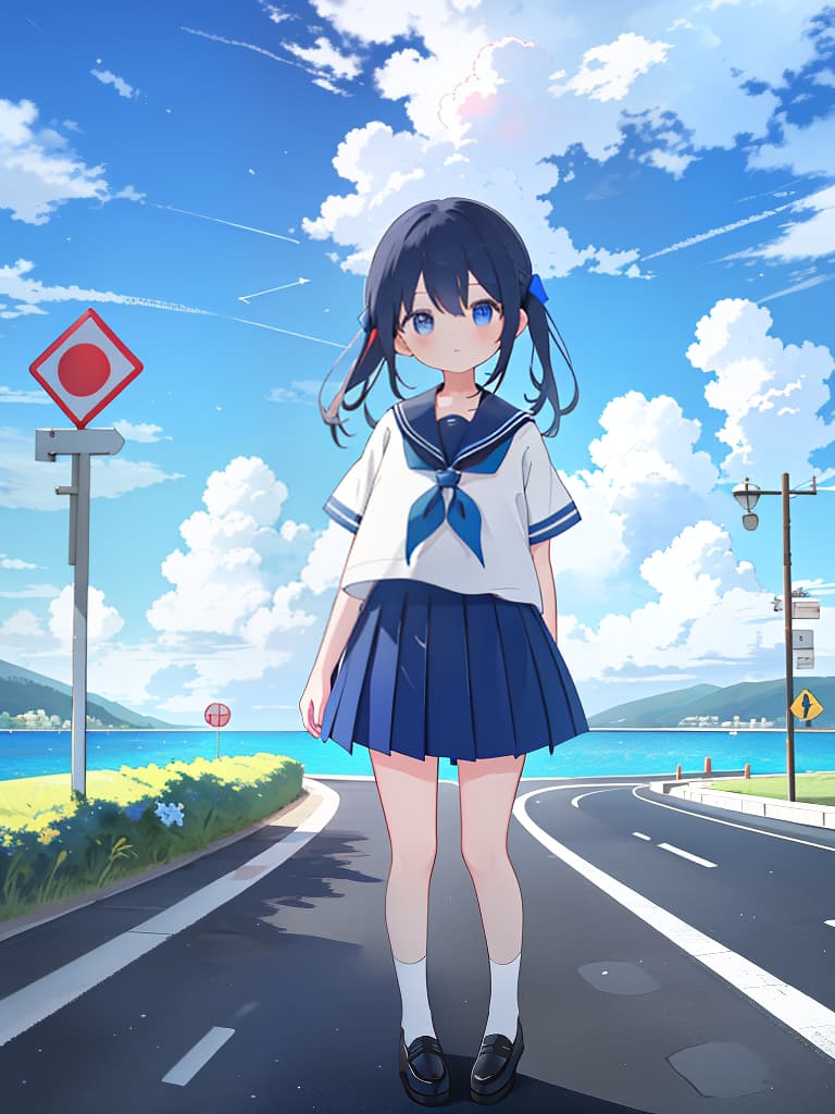  girl,sailor suit,all navy blue,vermilion ribbon,road signs,personification,cumulonimbus,blue sky,summer,