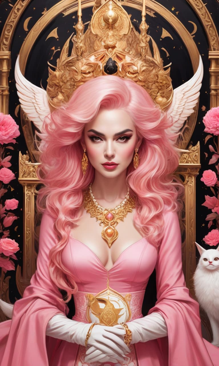  concept art tarot color pink, white, black, gold devil wears prada . digital artwork, illustrative, painterly, matte painting, highly detailed, perfect hands