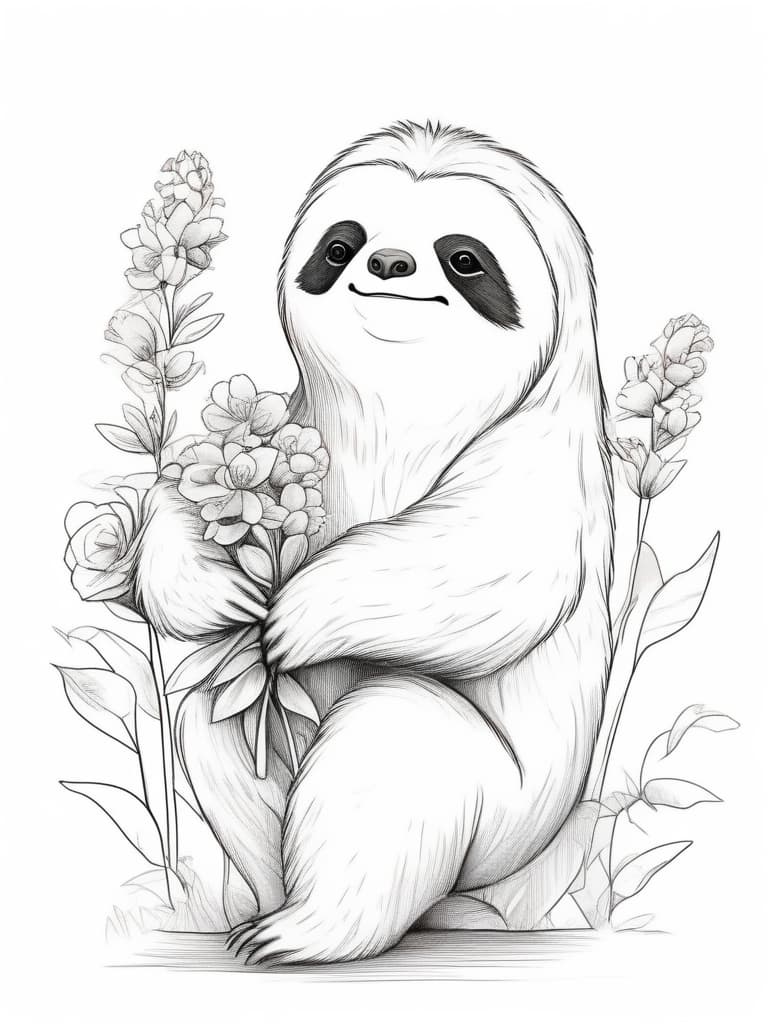  masterpiece,line drawing,simple lines,adopting cartoonish expressions,sloth,holding flowers,handing out flowers,working,but sloppy.