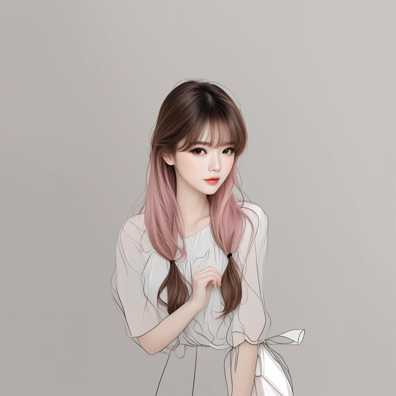  line art drawing beautiful , a nightgown , clear face and body , high detailed,two ided brown faded to pink faded back to brown hair, black eyes. professional, sleek, modern, minimalist, graphic, line art, vector graphics