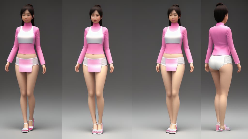  full-body 3D render of a Thai woman taking clothes off to reveal her underwear, white+pink color scheme