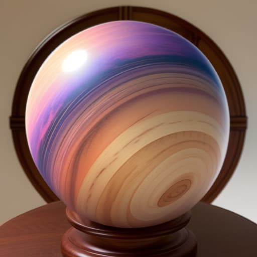  Transparant ball with a dreamscape inside, ball rests on a curved wooden pedestal