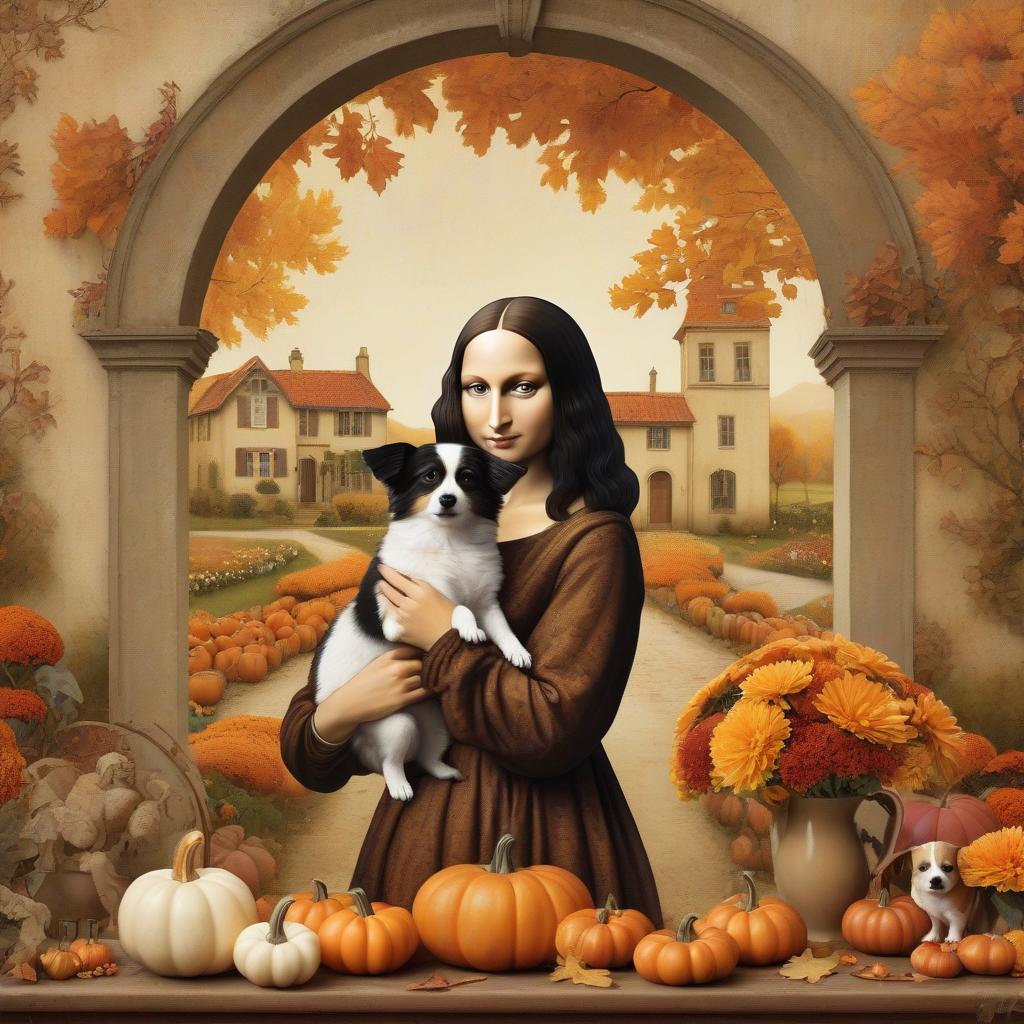  collage style woman mona lisa holds a small dog in her arms, chrysanthemums and pumpkins around on the table, behind an arch into which you can see an autumn landscape and a house . mixed media, layered, textural, detailed, artistic