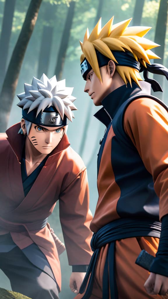  anime art: naruto and sasuke debating alternate strategies to defeat kaguya otsutsuki in battle. hyperrealistic, full body, detailed clothing, highly detailed, cinematic lighting, stunningly beautiful, intricate, sharp focus, f/1. 8, 85mm, (centered image composition), (professionally color graded), ((bright soft diffused light)), volumetric fog, trending on instagram, trending on tumblr, HDR 4K, 8K