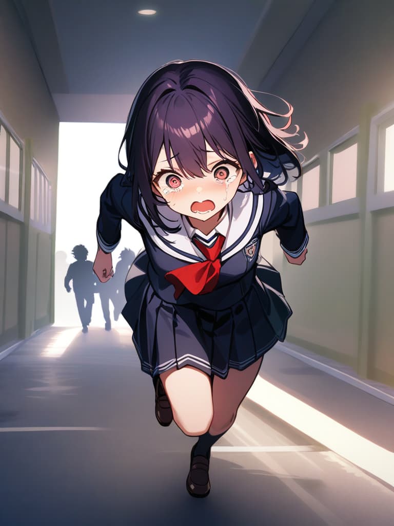  ultra detailed:1.2,masterpiece:1.2,best quality,masterpiece,bestquality,hdr:1.1,8k:1.1,very cute girl:1.3,(dark purple hair:1.3)(black school uniform,red ascot:1.4)((from front,full body:1.4))((running at school:1.6)),(scared,tears:1.3),(being chased by zombies:1.4)((school hallway:1.7))(from above:1.2)