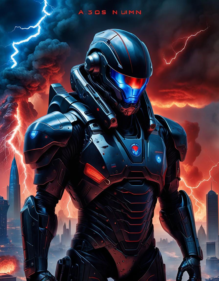  book cover: a man in a black exoskeleton wearing a helmet, standing with his arms crossed over his chest. very detailed and detailed model. the confrontation of red fire and blue lightning. background, an alien city