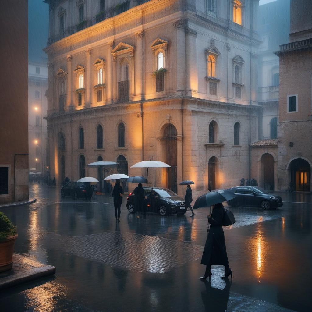  Beautiful urban landscape, streets of Rome, rain, reflections in puddles hyperrealistic, full body, detailed clothing, highly detailed, cinematic lighting, stunningly beautiful, intricate, sharp focus, f/1. 8, 85mm, (centered image composition), (professionally color graded), ((bright soft diffused light)), volumetric fog, trending on instagram, trending on tumblr, HDR 4K, 8K