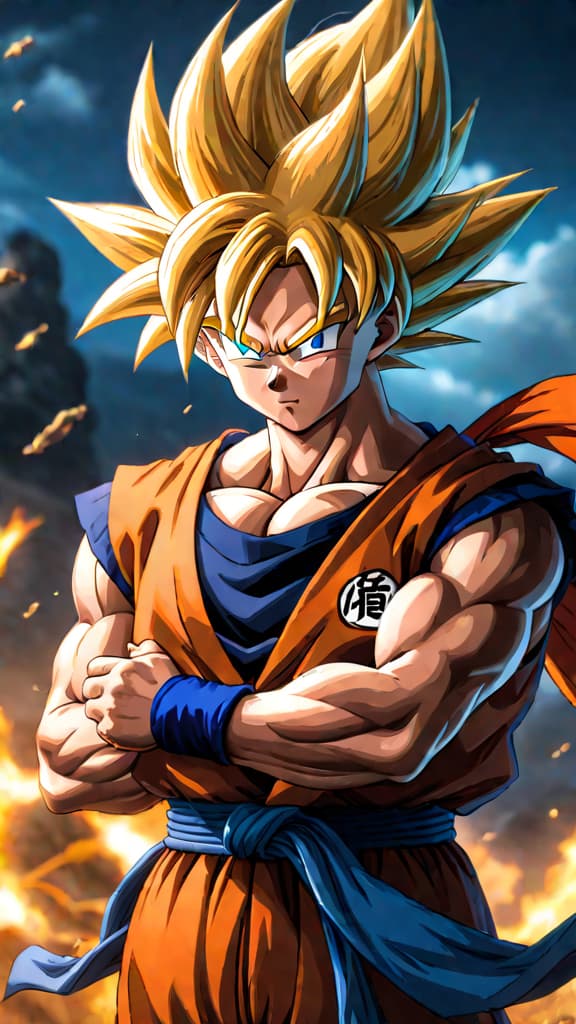  anime art: goku from dragon ball explores untapped potential with new unpredictable energy spikes. hyperrealistic, full body, detailed clothing, highly detailed, cinematic lighting, stunningly beautiful, intricate, sharp focus, f/1. 8, 85mm, (centered image composition), (professionally color graded), ((bright soft diffused light)), volumetric fog, trending on instagram, trending on tumblr, HDR 4K, 8K