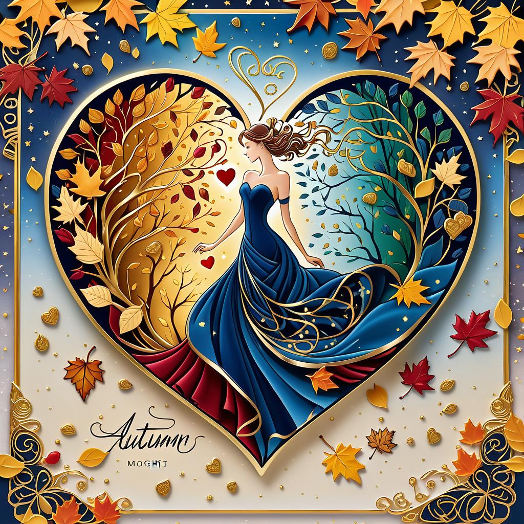  luxury product style on a carpet of yellow leaves in a simple dress of wind given crepe autumn danced a waltz boston in an alleyway. the warm day flew away and the saxophone sang hoarsely. (background of the card): falling autumn leaves, a whirlwind of autumn leaves, wind saxophone, a box of chocolates, the inscription "autumn waltz", a greeting card. (heart), a beautiful figure made of contours in the shape of a heart. (heart colour): night sky background, stars, gold pattern. (style):fantasy, autumn art, autumn romance. (colours):gold, green gold, navy blue, red, red gold, brown gold, silver, golden blue, bluish blue, dark blue on gold . elegant, sophisticated, high end, luxurious, professional, highly detailed