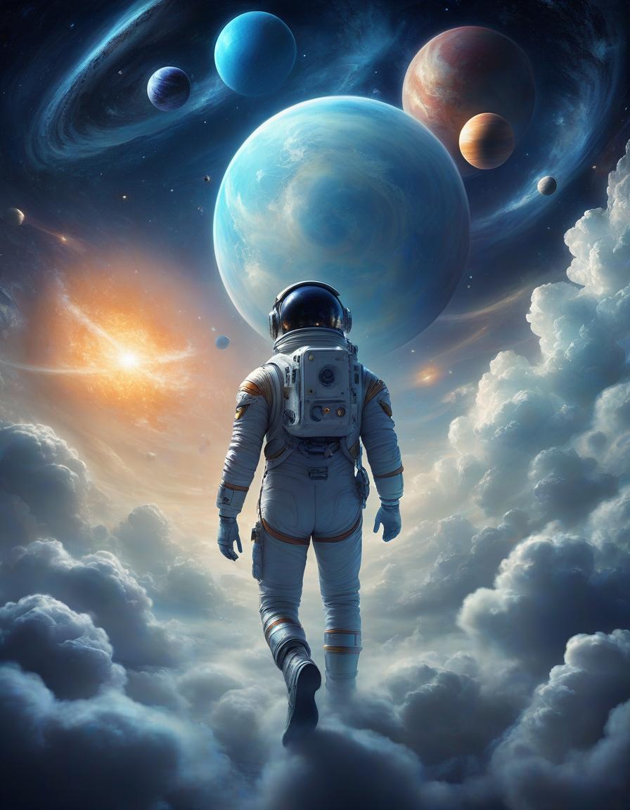  space themed a fantastic dream, a masterpiece of digital painting, a guy walks on soft fluffy clouds and scatters stars as if he is sowing them to the sides, the guy himself has a ghostly glow, a picture of a dream, bright fairy tale colors, a fairy tale in reality, action, dinamic . cosmic, celestial, stars, galaxies, nebulas, planets, science fiction, highly detailed