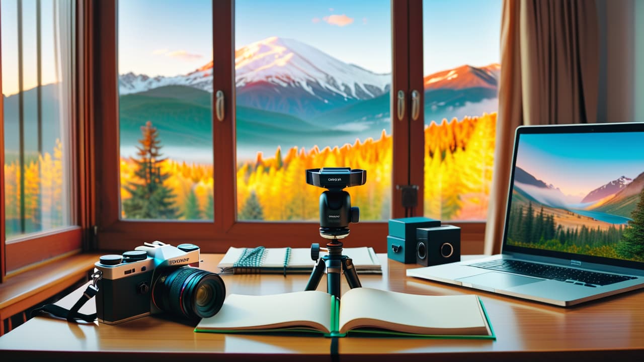  a well organized workspace featuring a camera on a tripod, a laptop with a calculator open, a notepad with sketches, and a beautiful landscape photo backdrop, illuminated by soft natural light filtering through a window. hyperrealistic, full body, detailed clothing, highly detailed, cinematic lighting, stunningly beautiful, intricate, sharp focus, f/1. 8, 85mm, (centered image composition), (professionally color graded), ((bright soft diffused light)), volumetric fog, trending on instagram, trending on tumblr, HDR 4K, 8K